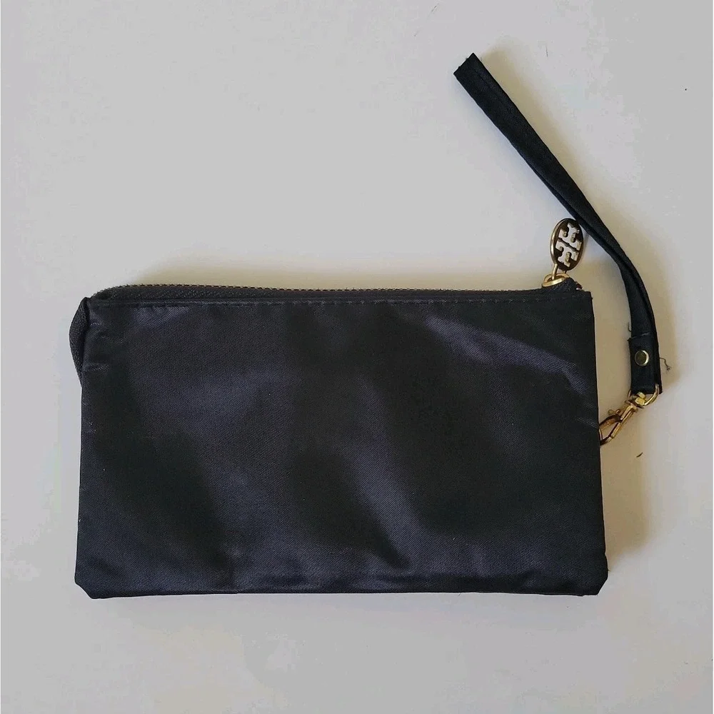 Tory Burch Black Nylon Wristlet Pouch Gold Tone Logo Cocktail Compact Minimalist